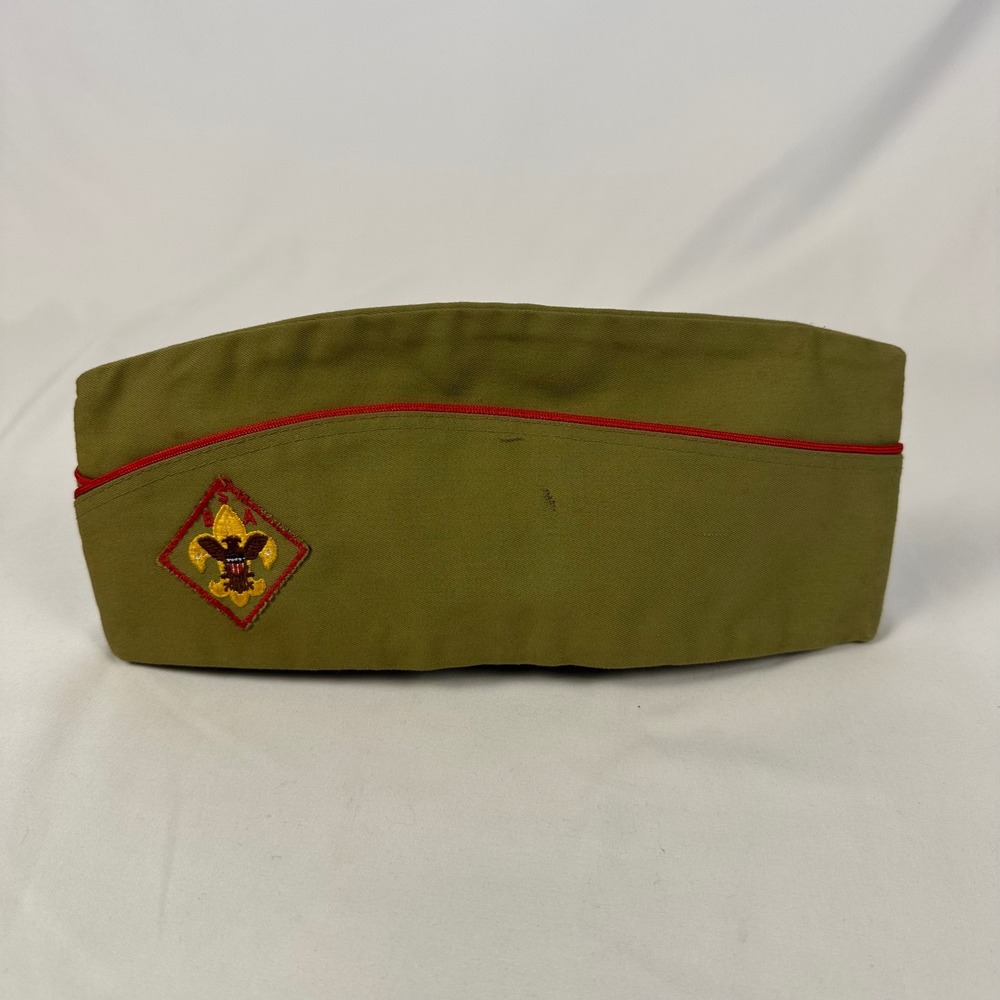 Vtg Boy Scouts of America Garrison Cap Kids XL Green Red Piping Uniform Hat 11"